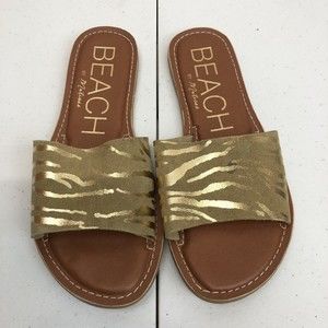 Beach by Matisse Cabana Size 8 Gold Zebra Suede Open Toe Slide Sandals Womens
